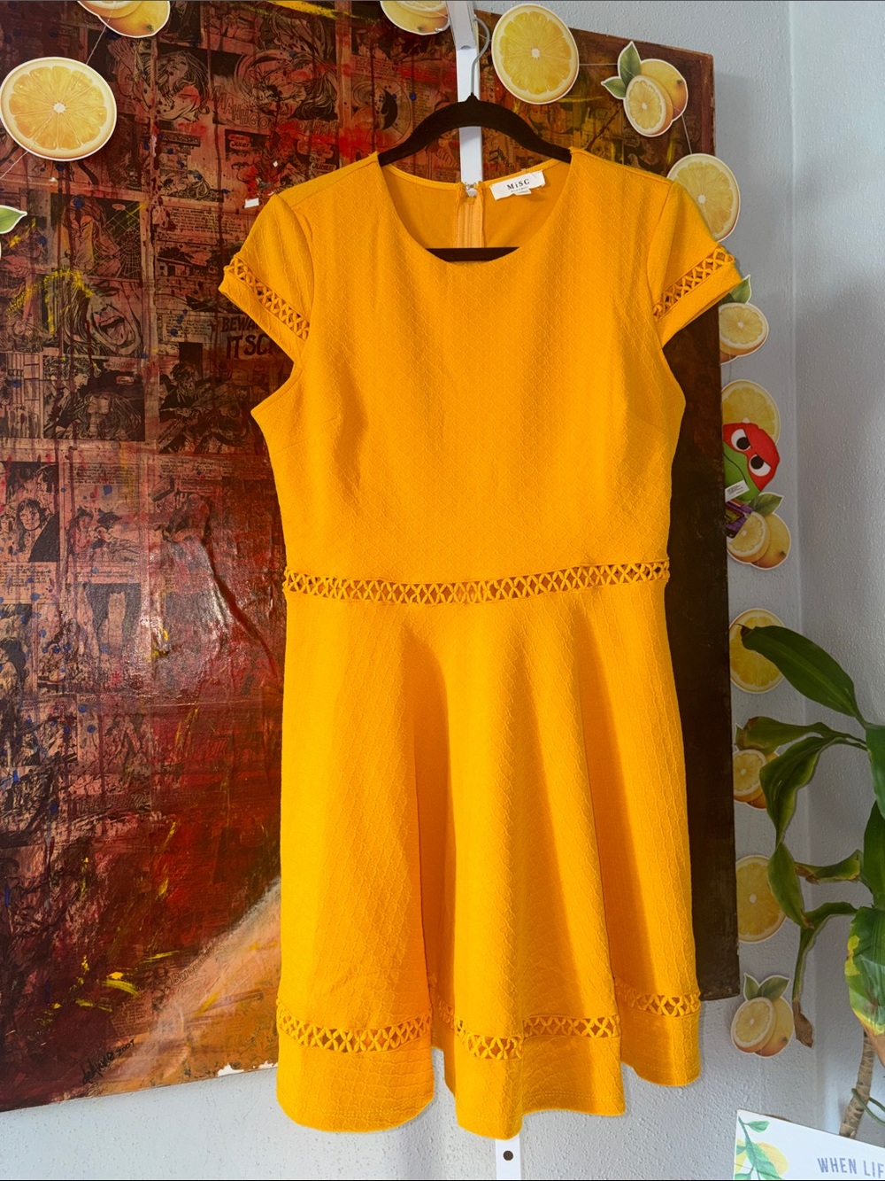 Misc Yellow Eyelet-Trim Mini Dress Size L